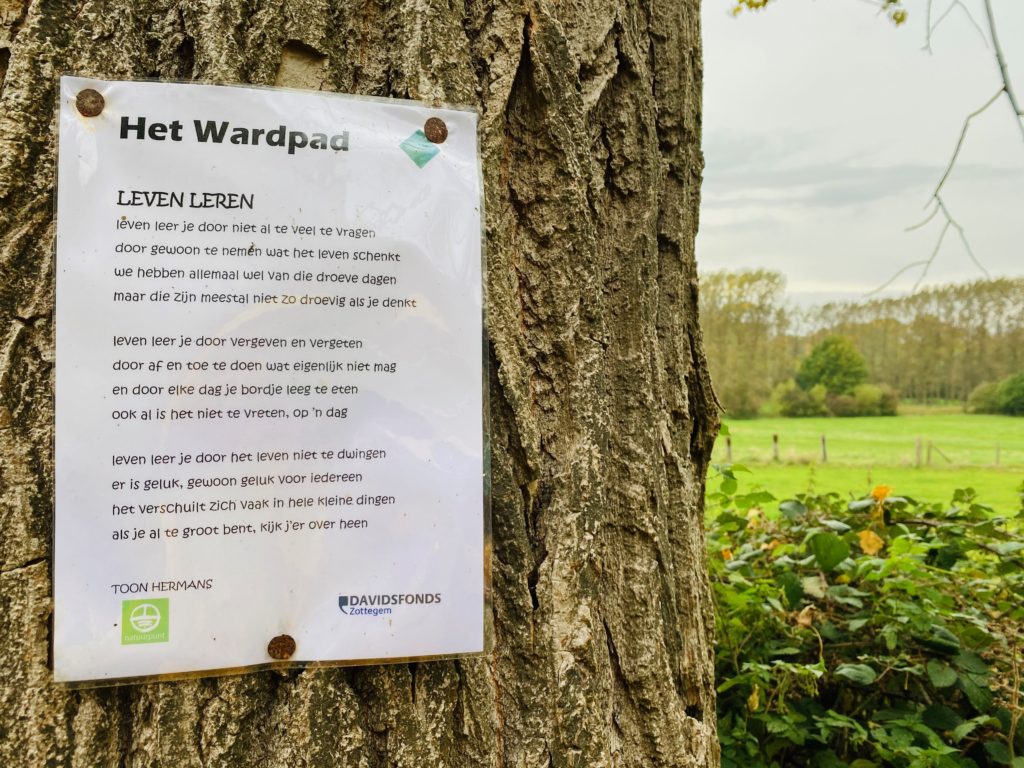 Gedicht over "Leven leren" van Toon Hermans. Door Natuurpunt en Davidsfonds voorzien op het Wardpad in Zottegem. 